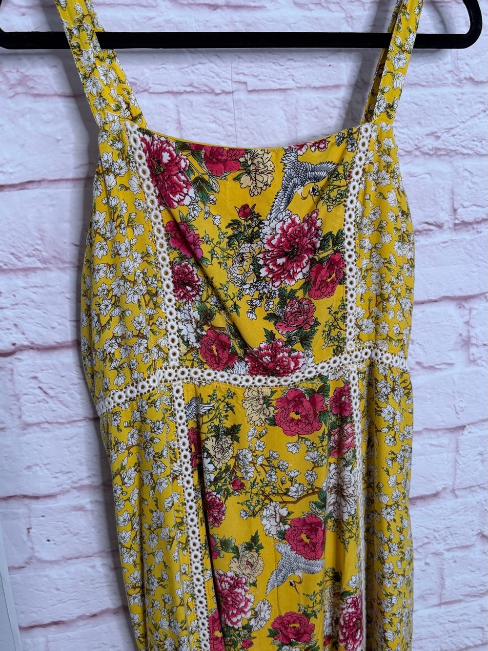 FARM Rio Yellow Floral Crochet-Trim Midi Dress